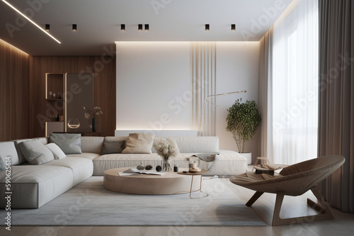 interior design of a modern light living room with furniture created using generative Al tools © Юлія Курганюк