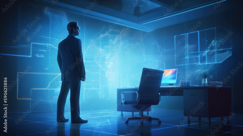 Big data technology and data science. Young businessman working on a computer in a blue suit. Ai generative. Big data technology and data science. Young businessman working on a computer in a blue suit. Ai generative.