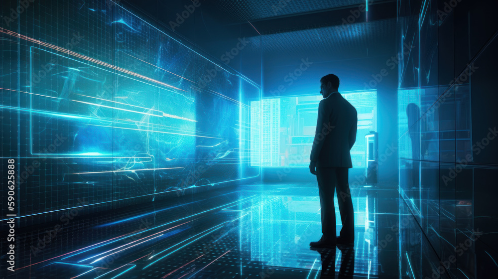 Big data technology and data science. Businessman standing with glowing blue technology background. Ai generative. Big data technology and data science. Businessman standing with glowing blue technology background. Ai generative.