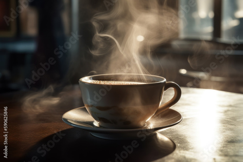 A steaming cup of coffee on a table. Warm, comforting, and energizing. Perfect for coffee lovers and caffeine addicts. Ai generative.