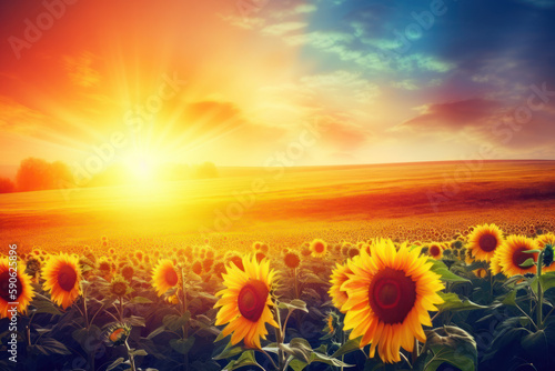 Blooming sunflowers against setting sun. A beautiful summer landscape with yellow sunflowers and sunlight Ai generative.