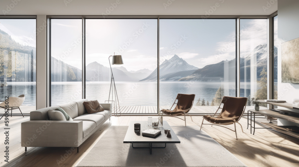 Living room with large windows and a couch, featuring modern design and luxury wood flooring Ai generative. Living room with large windows and a couch, featuring modern design and luxury wood flooring Ai generative.