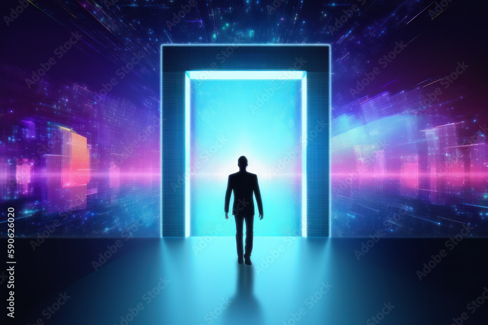 Fototapeta premium Men walking into metaverse world, futuristic blue suits glowing with success Ai generative.