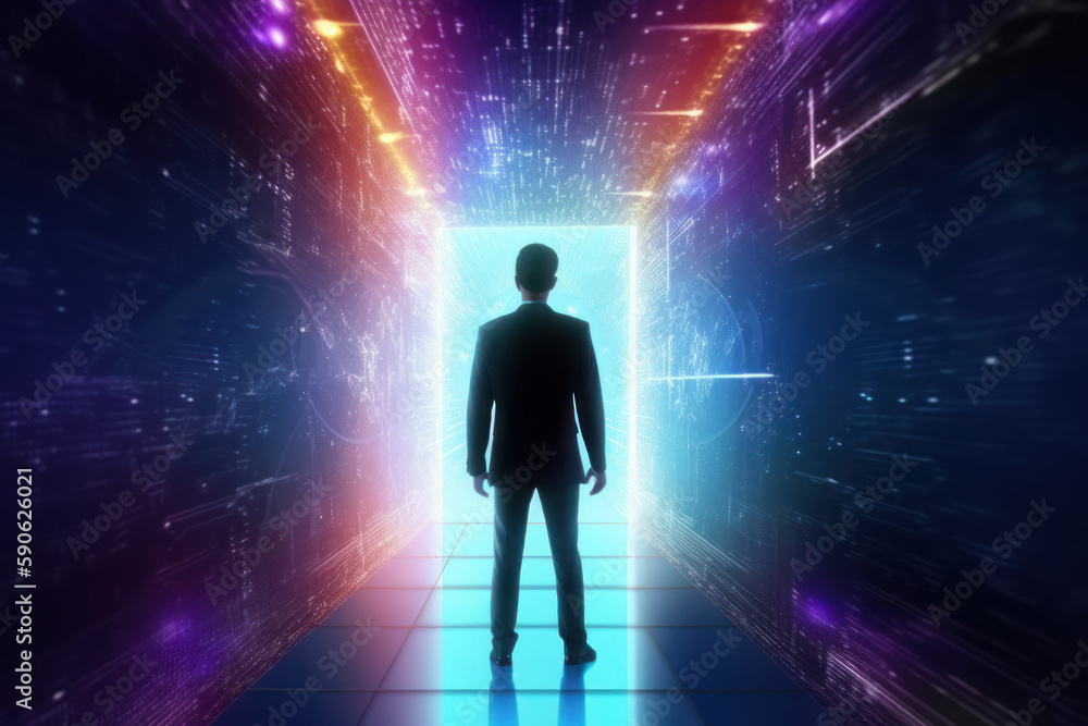 AI Artificial Intelligence, Data Science, Information technology concept. Men walking into metaverse world wearing blue futuristic glowing suits with their data and devices Ai generative. AI Artificial Intelligence, Data Science, Information technology concept. Men walking into metaverse world wearing blue futuristic glowing suits with their data and devices Ai generative.