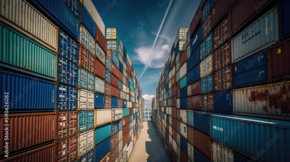 Fototapeta premium Steel cargo containers stacked at a commercial dock for freight transportation Ai generative.