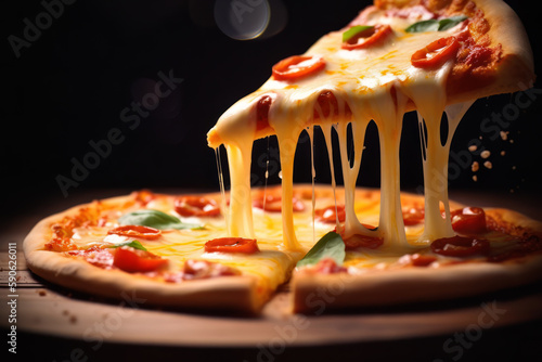Hot Pizza with Melted Cheese Close-up, Delicious Slice of Baked Gourmet Meal Ai generative.