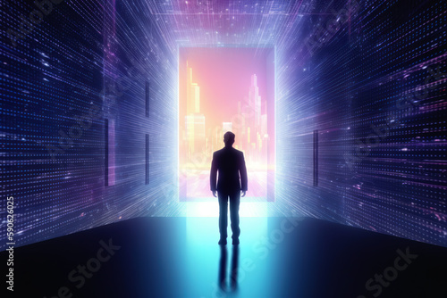 Men walking into metaverse world  glowing blue  futuristic businessman suit with technology Ai generative.