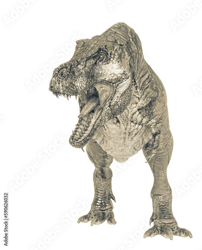 t-rex on blood is looking down in white background