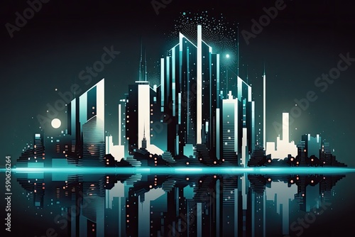 Future city with a skyscraper shown on a reflective surface. Generative AI