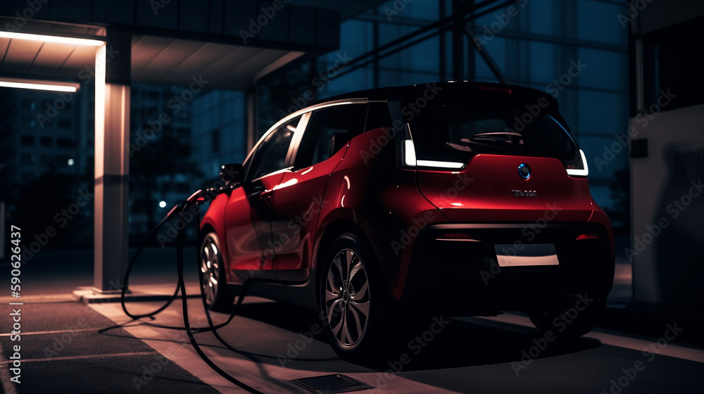 Fototapeta premium A silhouette of an EV electric car with a low battery charge at an electric charging station is seen. Generative ai