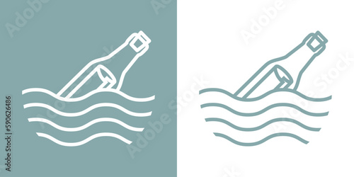 Logo Nautical. Mensaje en una botella lineal con olas de mar