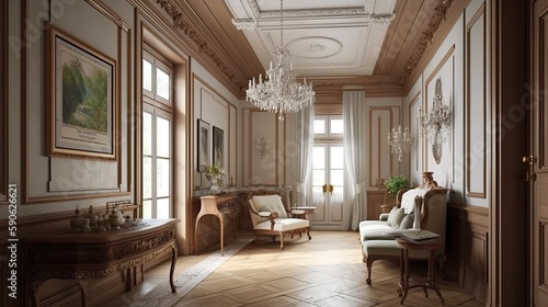 Luxury classic interior of a hall in a mansion with decorated armchairs, windows and wall art. Generative ai design idea photo