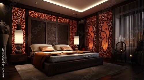 Interior of a an exotic orange middle eastern oriental bedroom - 3D rendered generative ai illustration © Sabine