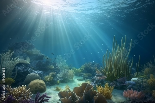 Serene Ocean Underwater Landscape Illustration, Generative AI © avrezn