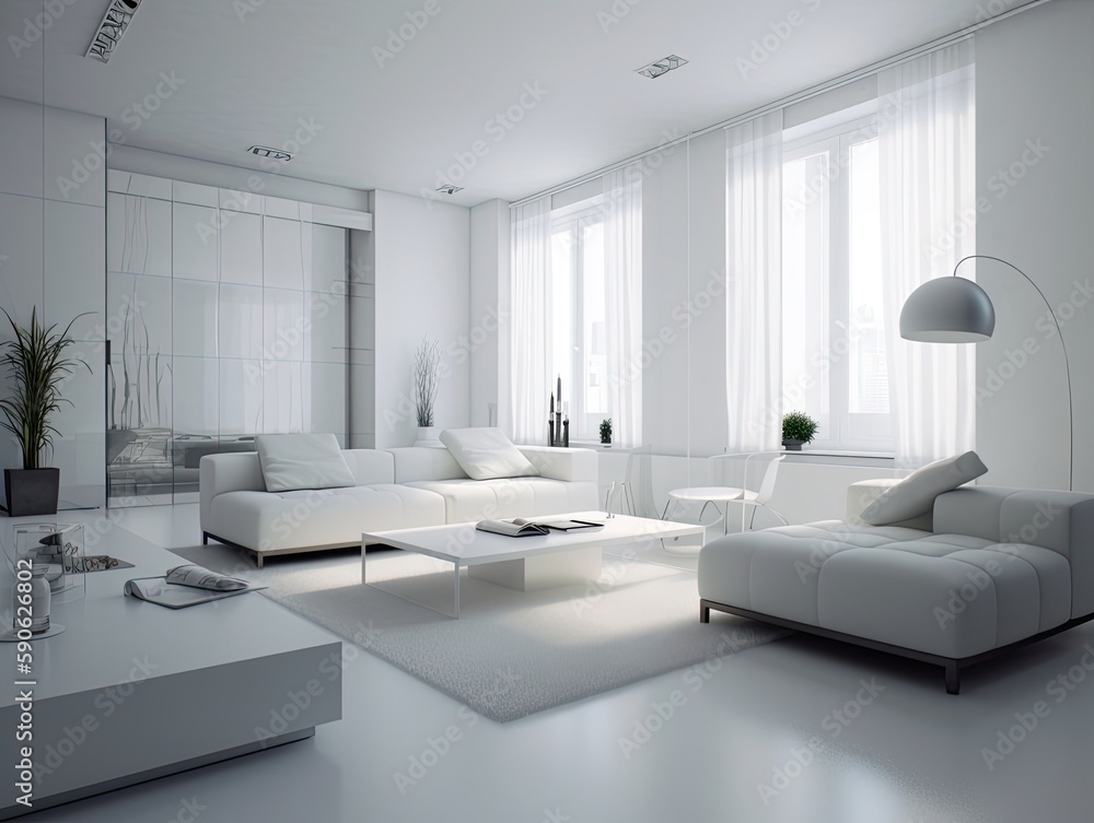 Modern minimalist white living room interior design with white sofa ...