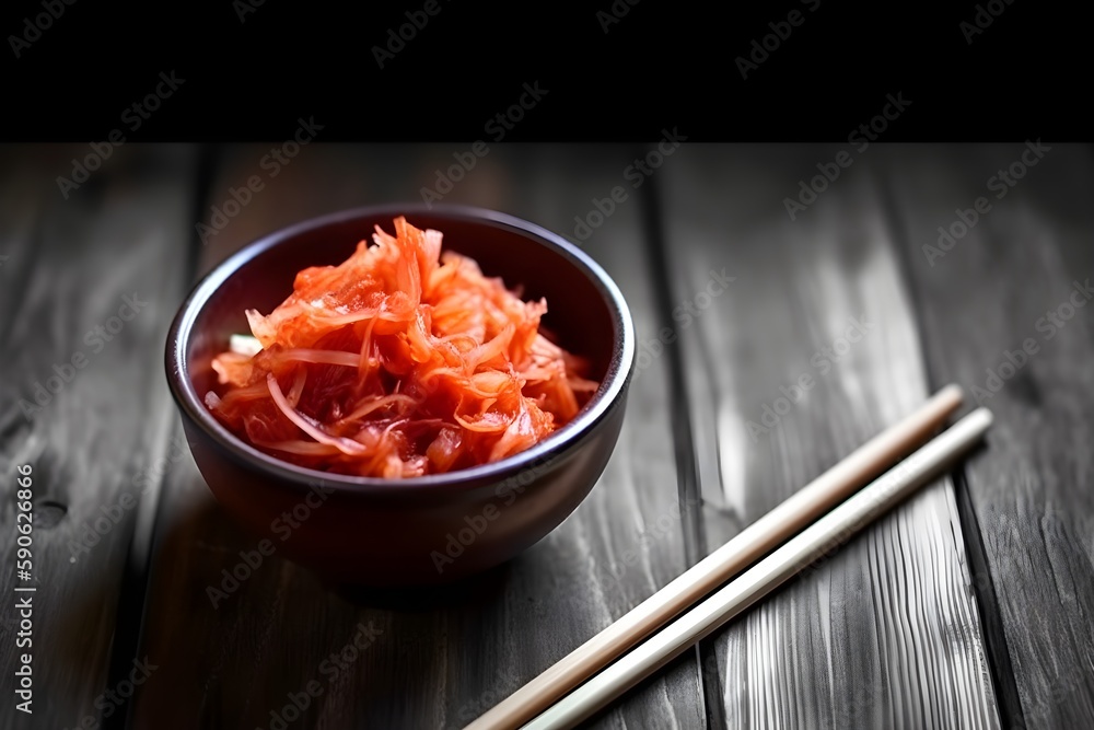 Kimchi cabbage in a bowl on wooden background, Korean Fermented Vegetables Side Dish. Generative ai Kimchi cabbage in a bowl on wooden background, Korean Fermented Vegetables Side Dish. Generative ai
