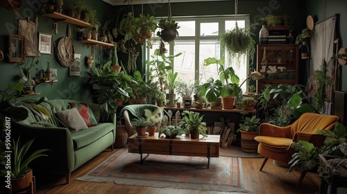 Living room full of plants, interior with a retro green sofa and yellow armchair. Generative ai interior design idea