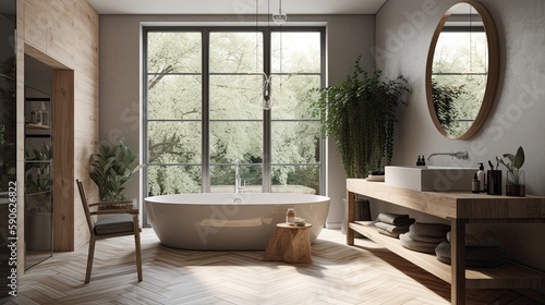 Scandinavian bathroom interior design with white bathtub  plants  round mirror and big window  generative ai design idea