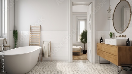 White minimalist scandinavian bathroom interior with white bathtub, wooden ladder and cabinet and round mirror. Generative ai design idea without people © Sabine