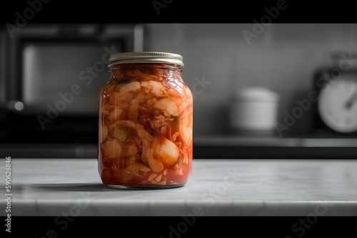 Homemade organic traditional korean kimchi cabbage salad in a glass jar on a wooden table. Korean Fermented Vegetables Side Dish. Generative ai
