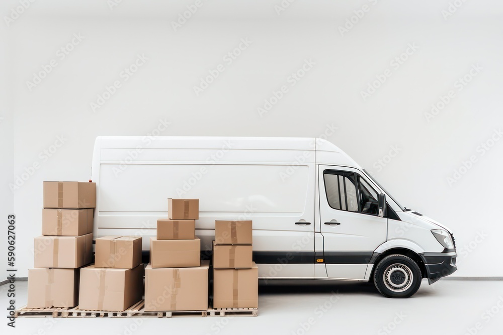 Van with cardboard boxes. Side view of a delivery service van. Courier