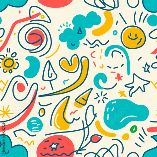 Decorative abstract seamless background with colorful doodles. Hand drawn modern collection