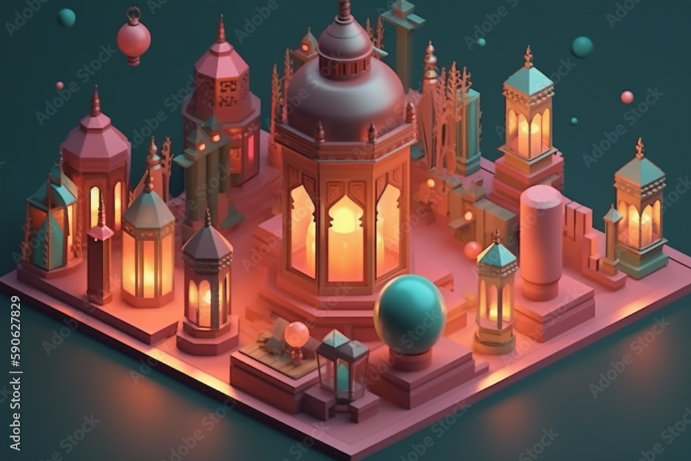 Isometric 3d illustration of ramadan celebration concept, muslim and islam relligion