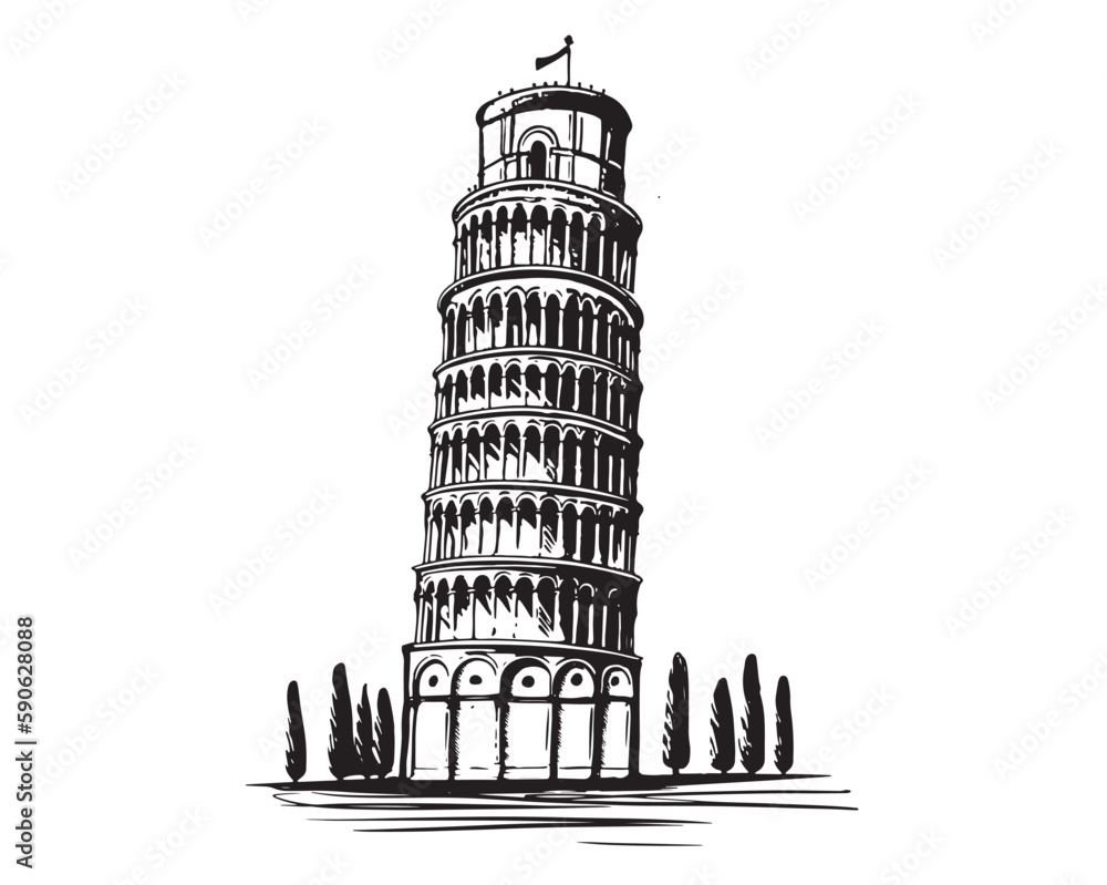 Leaning tower of Pisa hand drawn illustrations