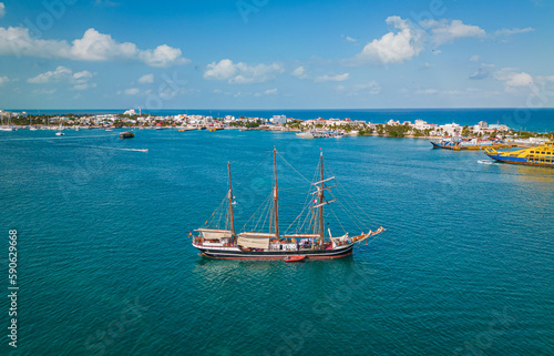 Aerial view of old ship in the Caribbean Sea, Isla Mujeres, Mexico