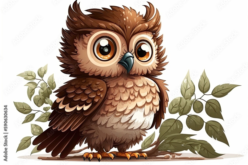 Fototapeta premium White backdrop with a cute owl painting. a picture of an owl on a white background. Generative AI
