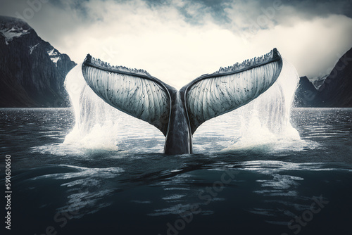 The humpback whale tail dripping with water. © SERHII