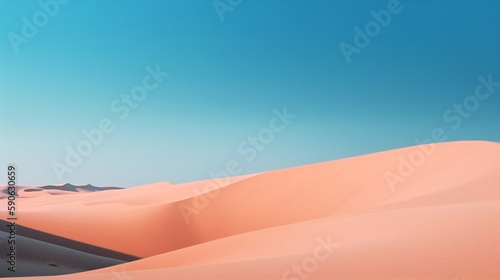 Light pink sand dunes contrast with a deep blue sky. Sky contrasts against a backdrop of sand dunes in the desert. Concisely abstract  minimal backdrop. Generative ai