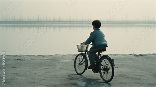 boy riding bike seaside Generative AI © bahadirbermekphoto
