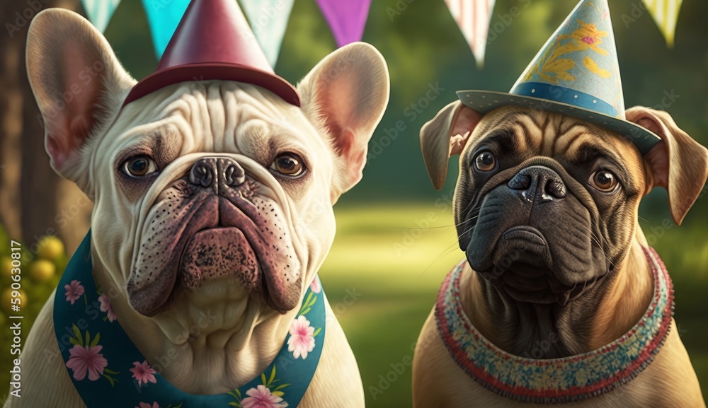 French bulldogs with party hats and Hawaiian shirts