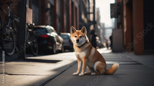 Shiba Inu standing on the streets of downtown Generative AI © bahadirbermekphoto