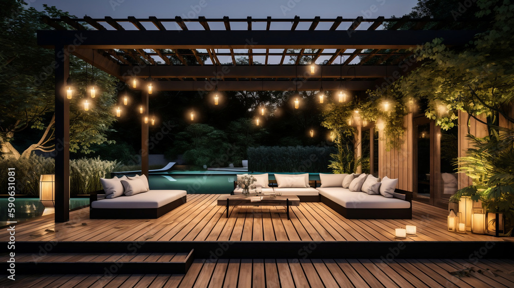 Interior design of a lavish side outside garden at morning, with a teak hardwood deck and a black pergola. Scene in the evening with couches and lounge chairs by the pool . Generative ai