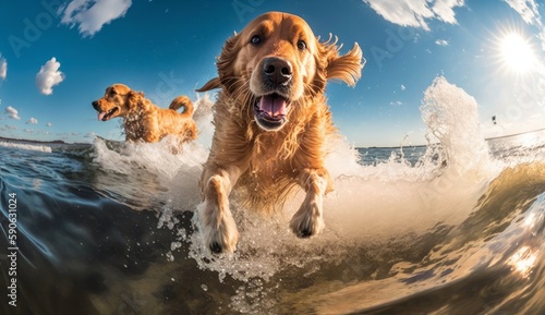 Golden retriever jumping in the water