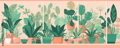 Minimalistic Vector Potted Plants Banner in Green and Pink Color Scheme, AI Generative