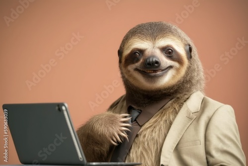 a happy sloth with laptop created with Generative AI technology