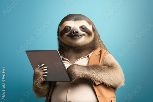 a happy sloth with laptop created with Generative AI technology