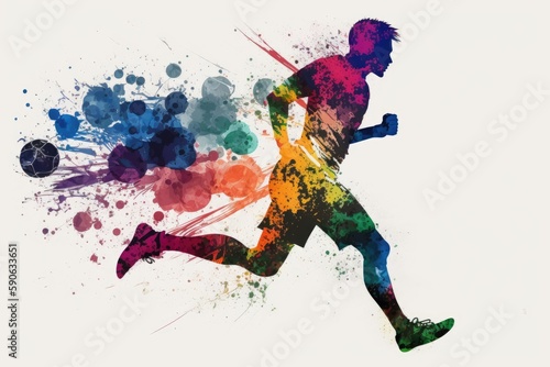 This abstract watercolor depicts a soccer player carrying the ball while jogging. an artwork made of paints. Generative AI