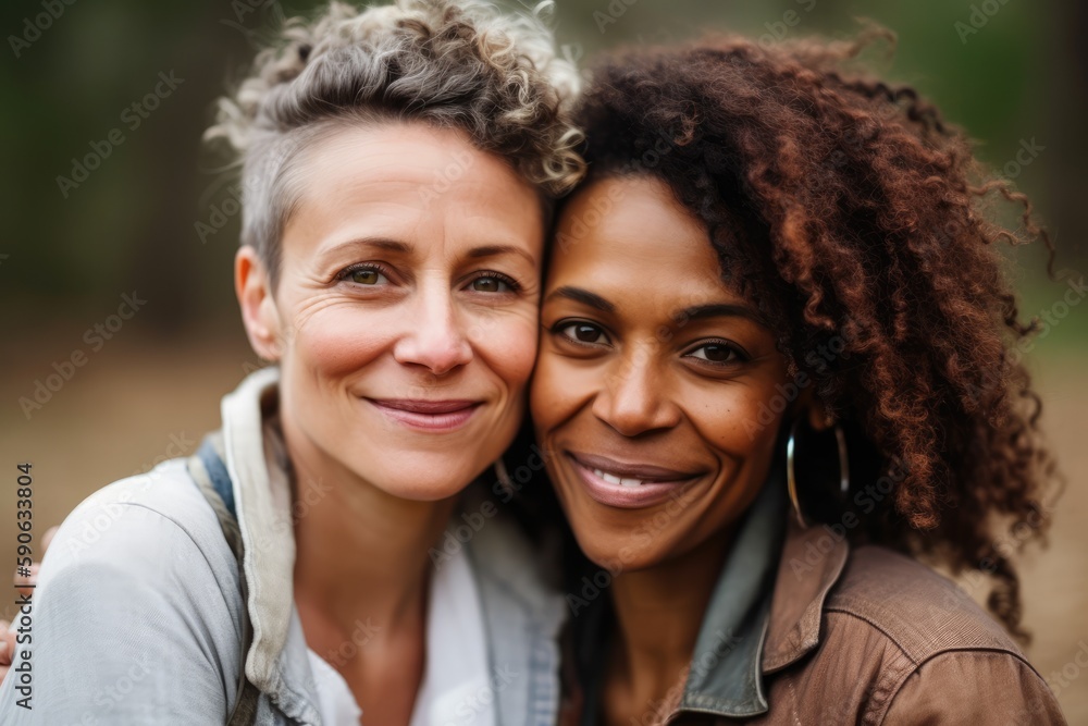 Fototapeta premium Mature lesbians embracing together in a park. Generative AI