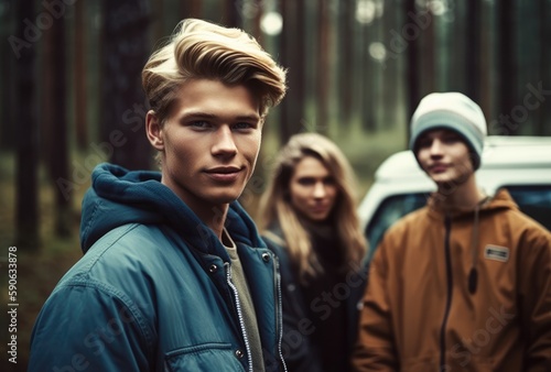 Handsome young man posing in front of a tent with a group of male and female mountaineers in a northern forest. Generative AI