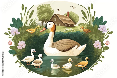 Goose family. Mom is floating with her kids. Cartoon from a fairy tale about an ugly duckling. Generative AI