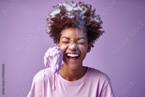 Cheerful black woman smile with ice cream