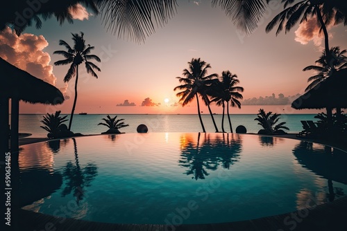 A luxurious pool with a setting sun. Palm trees  a health spa  and a summer beach resort. Generative AI