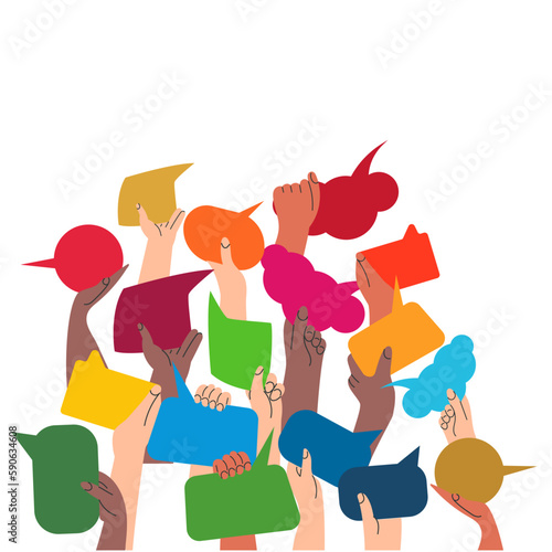 SDGs development goals environment. Hands exchange ideas, holding speech bubble with vote election. Team cooperation communicate collaborate. Multicultural group with talk message vector illustration