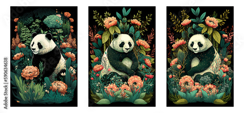 Fototapeta Naklejka Na Ścianę i Meble -  Cute Panda in deep colored peonies flowers illustration for graphic design,  wall frames fractal, or poster background. Generative AI