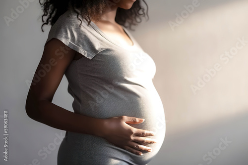 cropped view big belly in hands pregnant African American woman atmospheric sunlight, Pregnancy, maternity, preparation and expectation, generative ai.