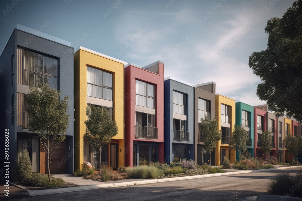 town houses in colorful style created with Generative AI technology